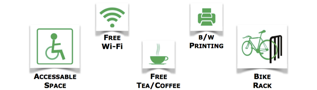Accessible Space. Free Wi-Fi. Free tea or Coffee. Black and White printing. Bike Rack